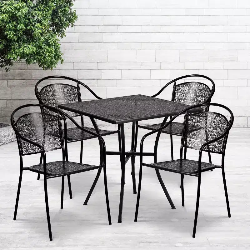 Flash Furniture Oia kereskedelmi minőségű, 28 hüvelykes négyzet alakú beltéri-kültéri acél teraszasztal-garnitúra 4 kerek háttámlás székkel