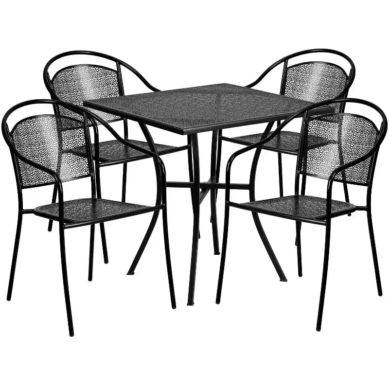 Flash Furniture Oia kereskedelmi minőségű, 28 hüvelykes négyzet alakú beltéri-kültéri acél teraszasztal-garnitúra 4 kerek háttámlás székkel
