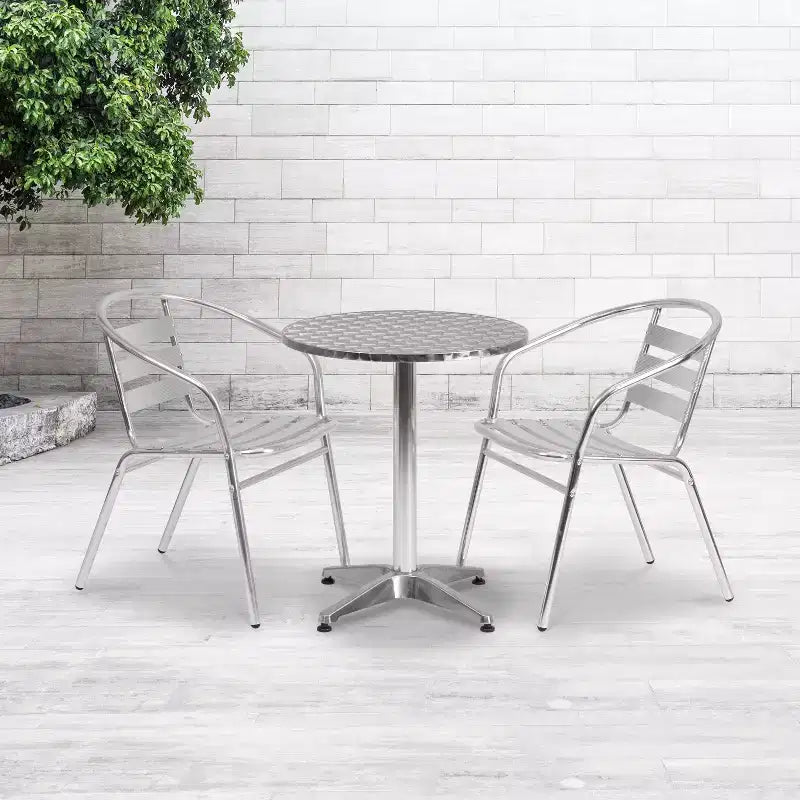 Flash Furniture Lila ronde tafelset van 23.5' aluminium voor binnen en buiten, met 2 stoelen met lattenrugleuning