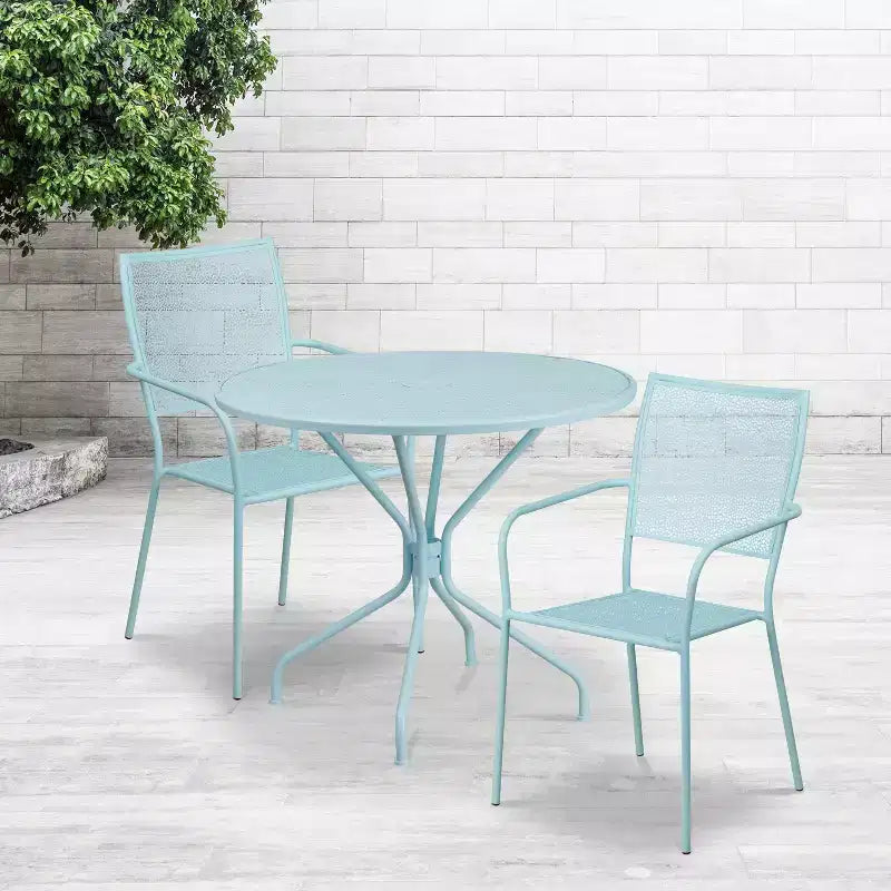 Set da tavolo da giardino in metallo di livello commerciale Emma e Oliver, rotondo da 35,25, con 2 sedie dallo schienale quadrato