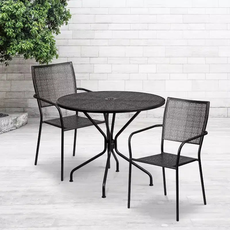 Set da tavolo da giardino in metallo di livello commerciale Emma e Oliver, rotondo da 35,25, con 2 sedie dallo schienale quadrato