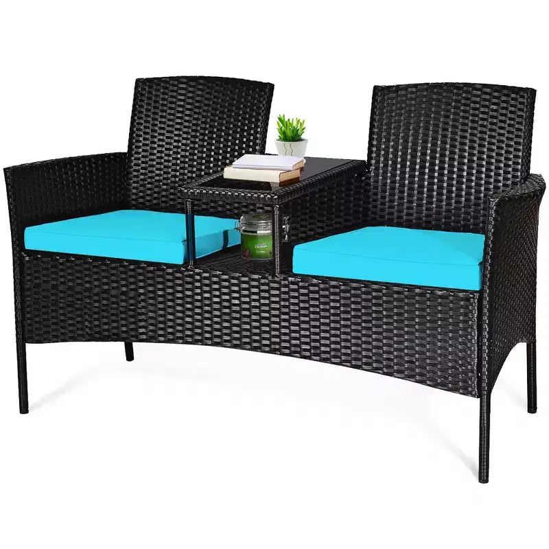 Costway Patio Rattan Conversation Set Seat Sofa Cushioned Loveseat Glass Table Chair Red\Turquoise