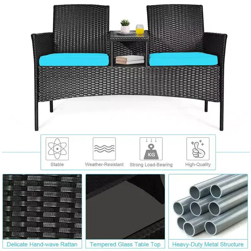 Costway Patio Rattan Conversation Set Seat Sofa Cushioned Loveseat Glass Table Chair Red\Turquoise