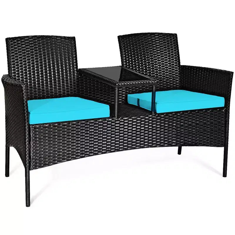 Costway Patio Rattan Conversation Set Seat Sofa Cushioned Loveseat Glass Table Chair Red\Turquoise