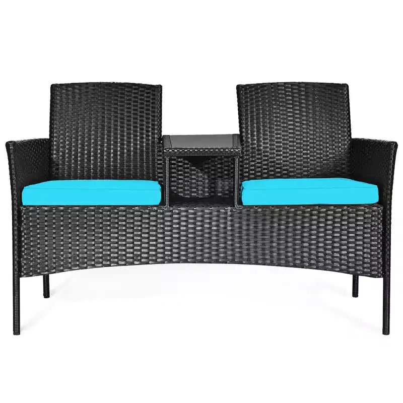 Costway Patio Rattan Conversation Set Seat Sofa Cushioned Loveseat Glass Table Chair Red\Turquoise