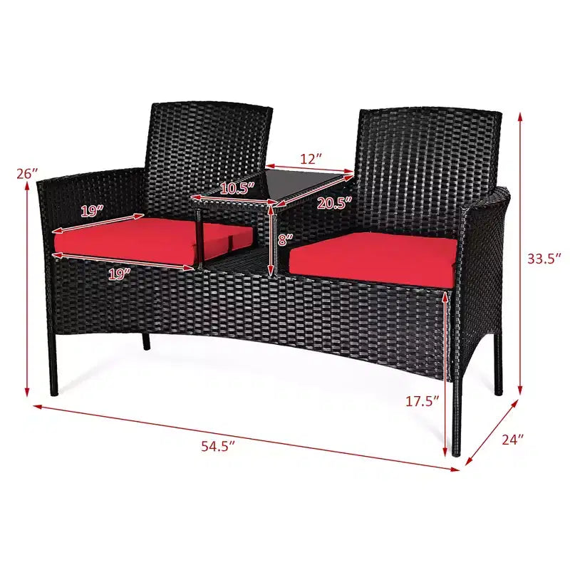 Costway Patio Rattan Conversation Set Seat Sofa Cushioned Loveseat Glass Table Chair Red\Turquoise