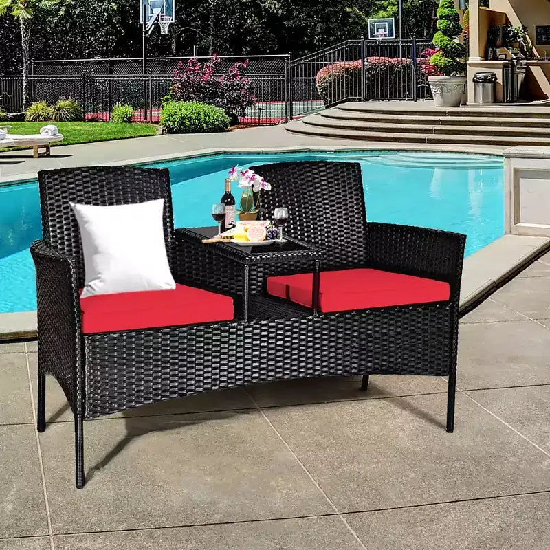 Costway Patio Rattan Conversation Set Seat Sofa Cushioned Loveseat Glass Table Chair Red\Turquoise