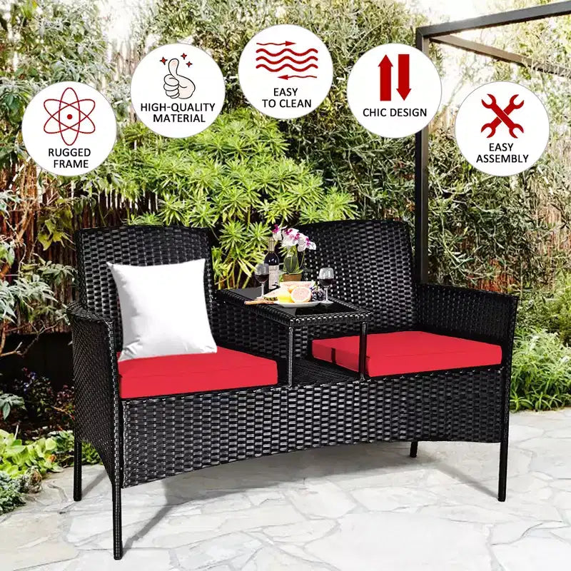 Costway Patio Rattan Conversation Set Seat Sofa Cushioned Loveseat Glass Table Chair Red\Turquoise
