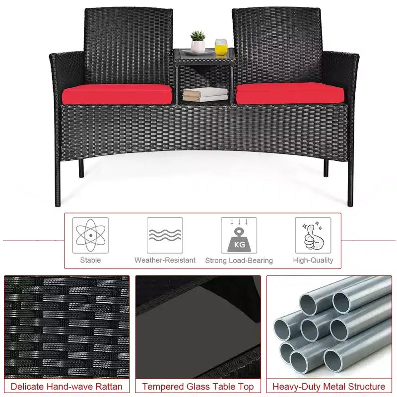 Costway Patio Rattan Conversation Set Seat Sofa Cushioned Loveseat Glass Table Chair Red\Turquoise