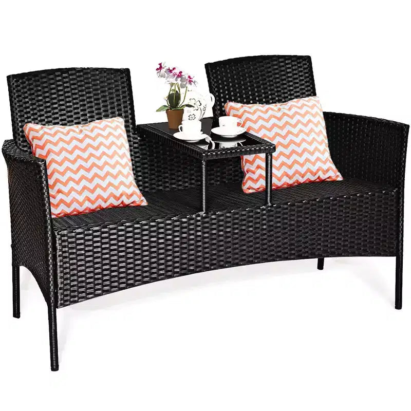 Costway Patio Rattan Conversation Set Seat Sofa Cushioned Loveseat Glass Table Chair Red\Turquoise