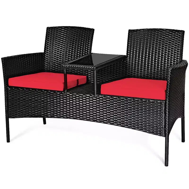 Costway Patio Rattan Conversation Set Seat Sofa Cushioned Loveseat Glass Table Chair Red\Turquoise