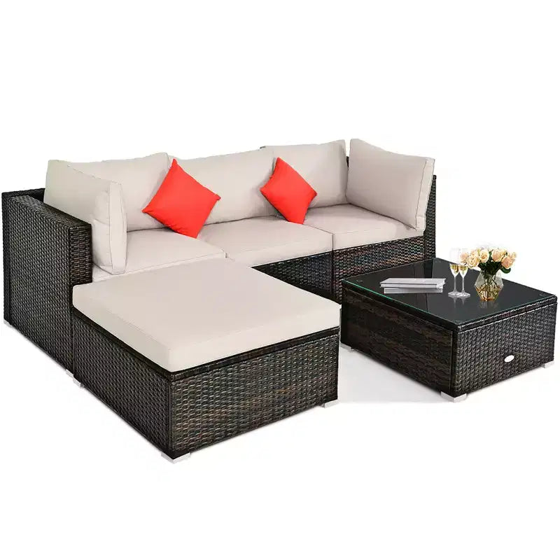 Costway 5-teiliges Gartenmöbelset aus Rattan, Ecksofa-Set mit beigem Polster
