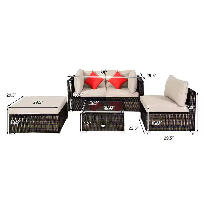 Costway 5-teiliges Gartenmöbelset aus Rattan, Ecksofa-Set mit beigem Polster