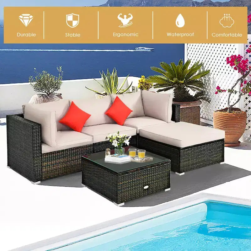 Costway 5-teiliges Gartenmöbelset aus Rattan, Ecksofa-Set mit beigem Polster