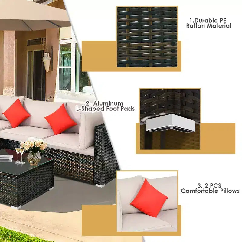 Costway 5-teiliges Gartenmöbelset aus Rattan, Ecksofa-Set mit beigem Polster