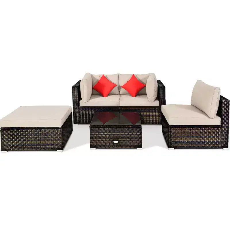 Costway 5-teiliges Gartenmöbelset aus Rattan, Ecksofa-Set mit beigem Polster