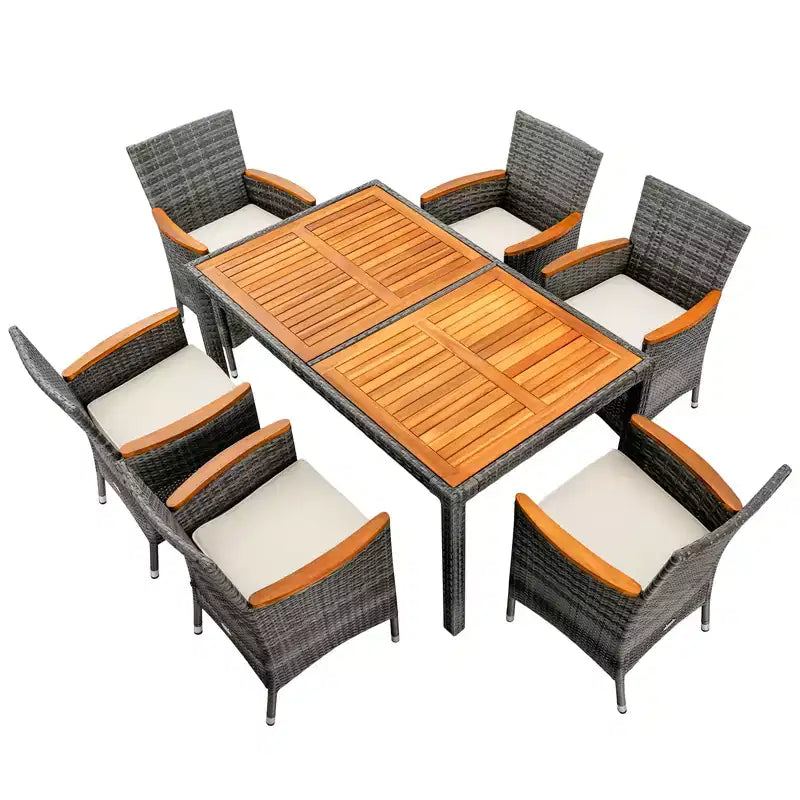 Costway 7-teiliges Rattan-Ess-Set für die Terrasse mit Akazienholztisch und gepolsterten Stühlen, Mix-Grau