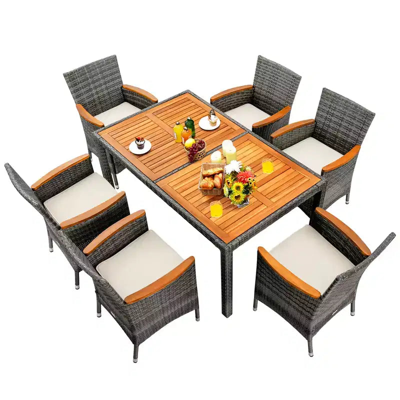 Costway 7-teiliges Rattan-Ess-Set für die Terrasse mit Akazienholztisch und gepolsterten Stühlen, Mix-Grau