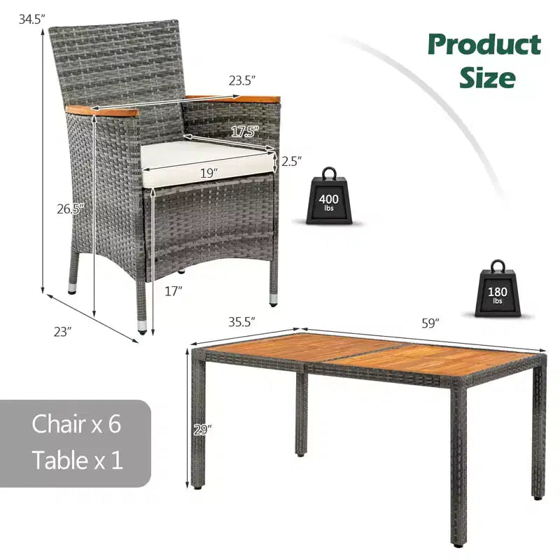 Costway 7-teiliges Rattan-Ess-Set für die Terrasse mit Akazienholztisch und gepolsterten Stühlen, Mix-Grau