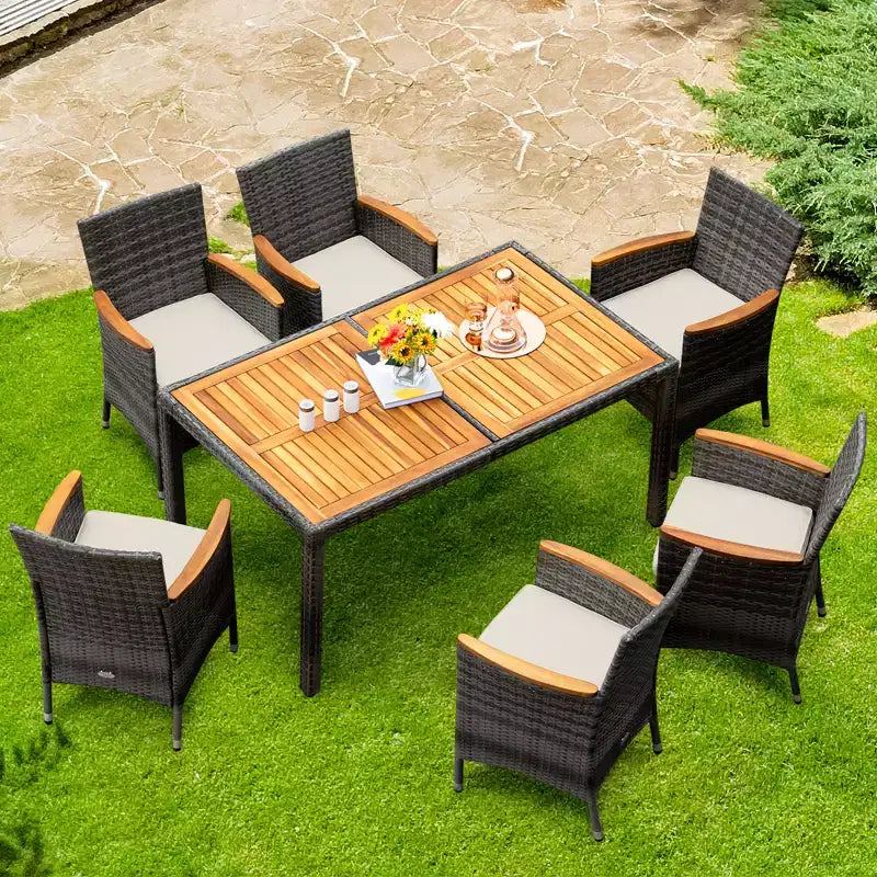 Costway 7-teiliges Rattan-Ess-Set für die Terrasse mit Akazienholztisch und gepolsterten Stühlen, Mix-Grau