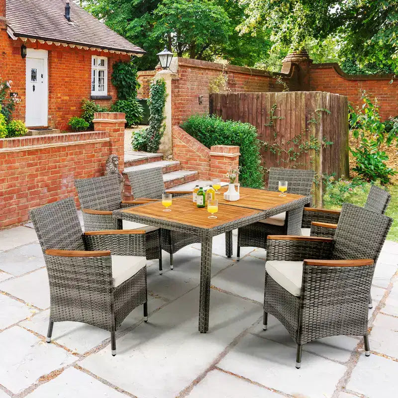 Costway 7-teiliges Rattan-Ess-Set für die Terrasse mit Akazienholztisch und gepolsterten Stühlen, Mix-Grau