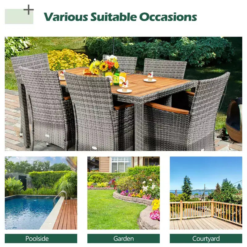 Costway 7-teiliges Rattan-Ess-Set für die Terrasse mit Akazienholztisch und gepolsterten Stühlen, Mix-Grau