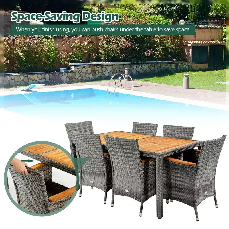 Costway 7-teiliges Rattan-Ess-Set für die Terrasse mit Akazienholztisch und gepolsterten Stühlen, Mix-Grau