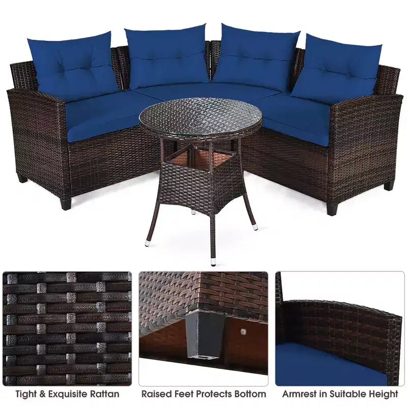 Costway 4PCS Outdoor Patio Rattan Furniture Set Cushioned Sofa Table Turquoise\Black\Navy\Red