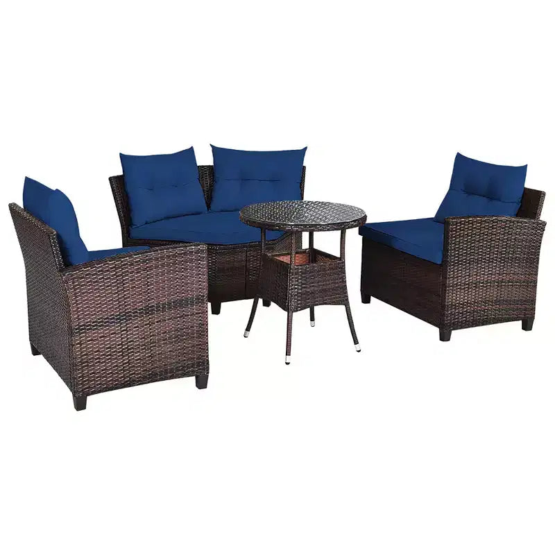 Costway 4PCS Outdoor Patio Rattan Furniture Set Cushioned Sofa Table Turquoise\Black\Navy\Red