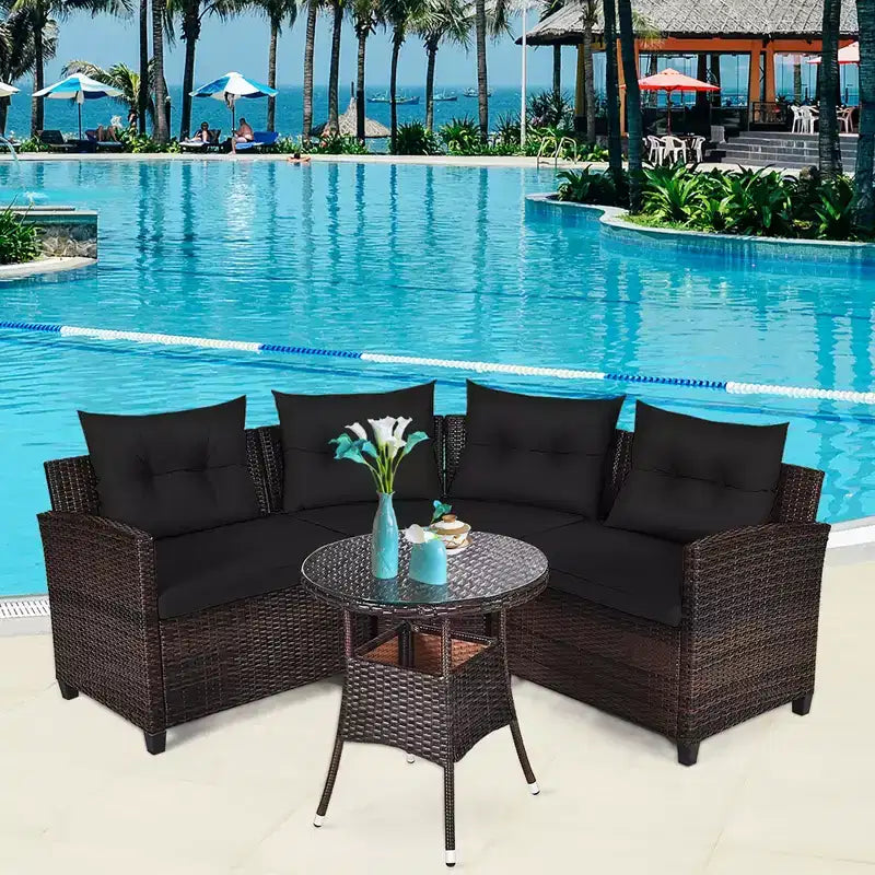 Costway 4PCS Outdoor Patio Rattan Furniture Set Cushioned Sofa Table Turquoise\Black\Navy\Red