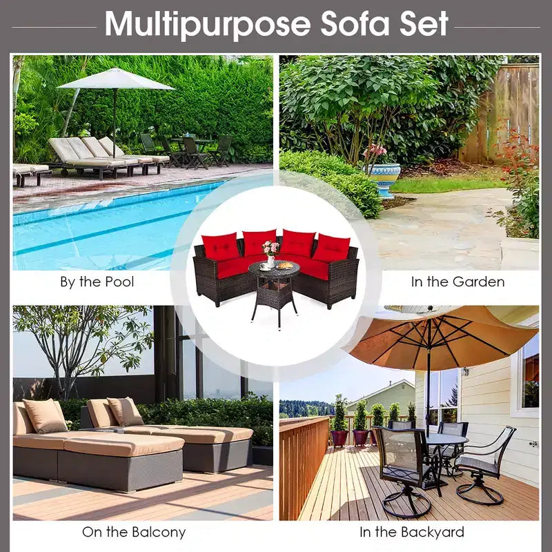 Costway 4PCS Outdoor Patio Rattan Furniture Set Cushioned Sofa Table Turquoise\Black\Navy\Red