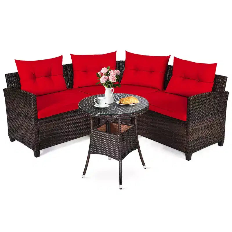 Costway 4PCS Outdoor Patio Rattan Furniture Set Cushioned Sofa Table Turquoise\Black\Navy\Red