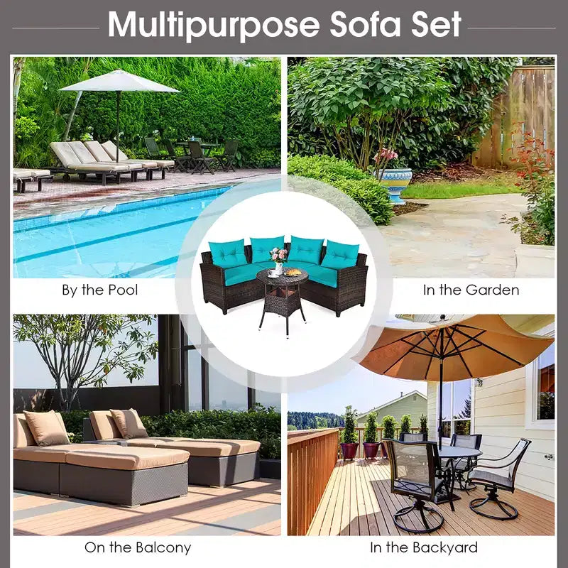 Costway 4PCS Outdoor Patio Rattan Furniture Set Cushioned Sofa Table Turquoise\Black\Navy\Red