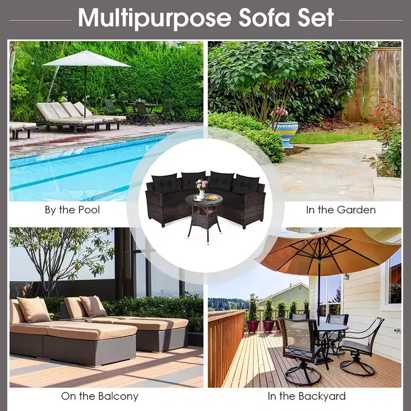 Costway 4PCS Outdoor Patio Rattan Furniture Set Cushioned Sofa Table Turquoise\Black\Navy\Red