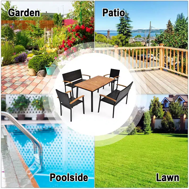 Costway 5PC Patio Rattan Dining Set Acacia Wood Table Top Stackable Chair Bench
