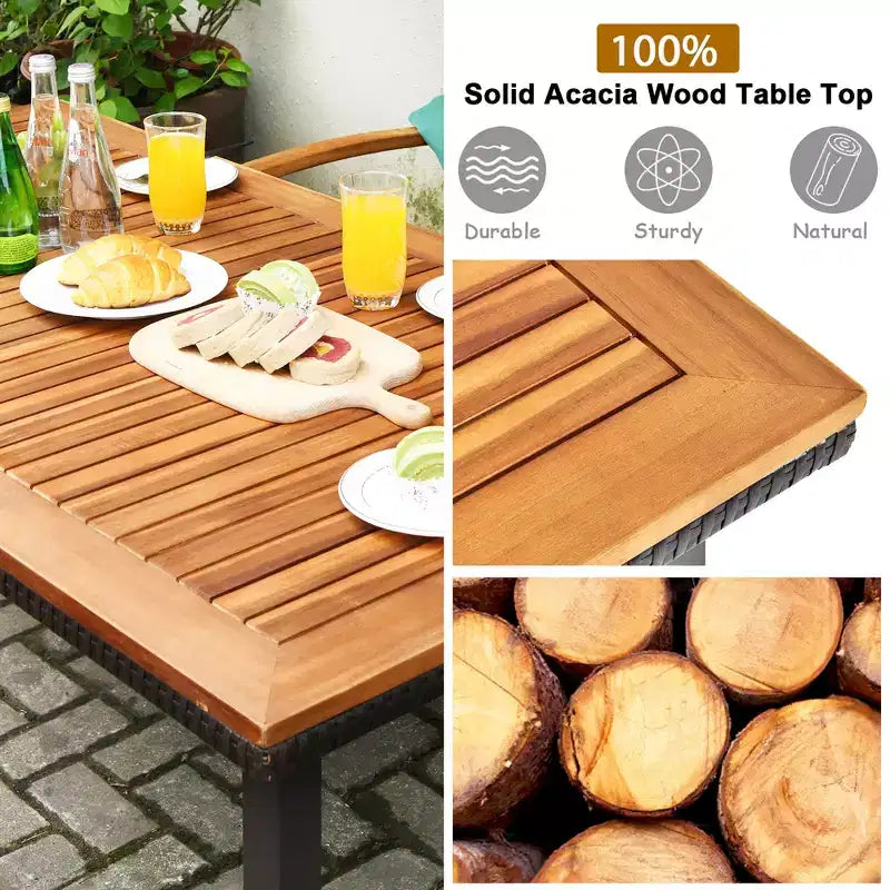 Costway 5PC Patio Rattan Dining Set Acacia Wood Table Top Stackable Chair Bench