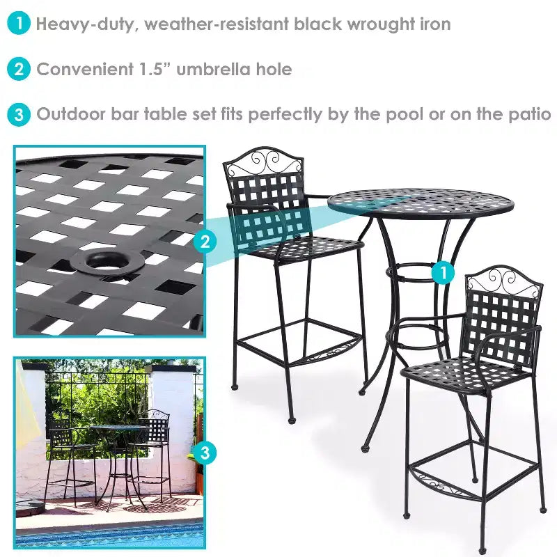 Set di sedie da bar e tavolo da esterno in ferro battuto con volute Sunnydaze - Nero