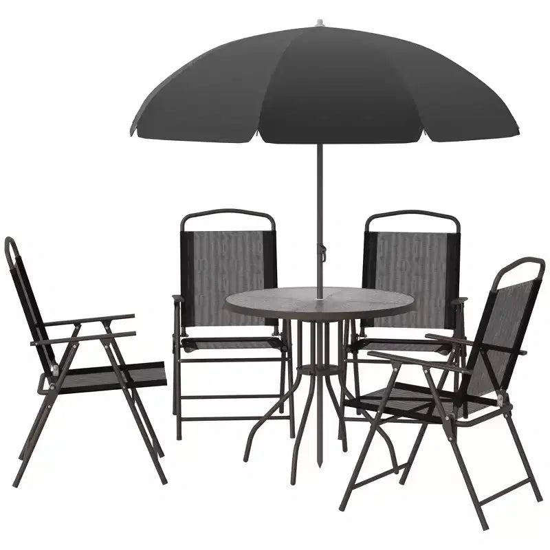 Outsunny 6-częściowy zestaw mebli jadalnianych na patio dla 4 osób z parasolem, 4 składane krzesła jadalniane & okrągły szklany stół do ogrodu, na podwórko i przy basen