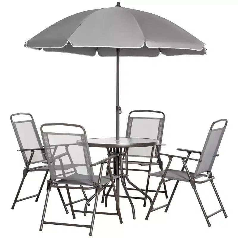 Outsunny 6-częściowy zestaw mebli jadalnianych na patio dla 4 osób z parasolem, 4 składane krzesła jadalniane & okrągły szklany stół do ogrodu, na podwórko i przy basen