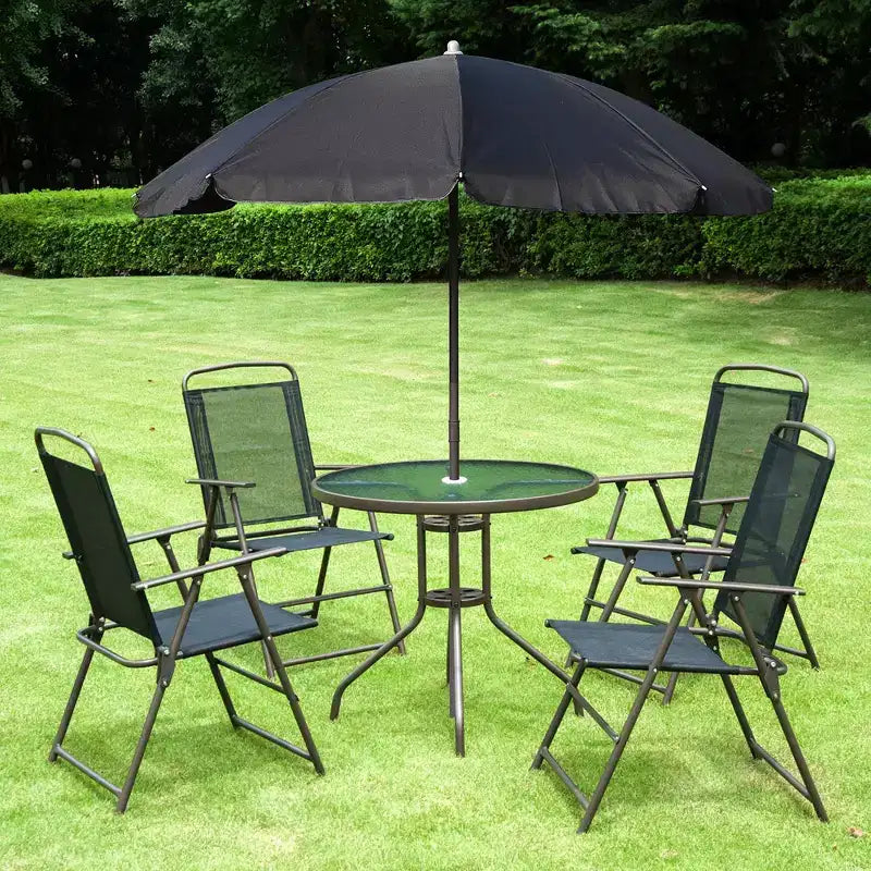 Outsunny 6-częściowy zestaw mebli jadalnianych na patio dla 4 osób z parasolem, 4 składane krzesła jadalniane & okrągły szklany stół do ogrodu, na podwórko i przy basen