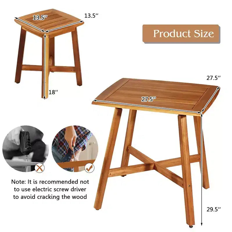 Juego de comedor para patio de 5 piezas de acacia Costway con mesa cuadrada y 4 taburetes, marrón rojizo