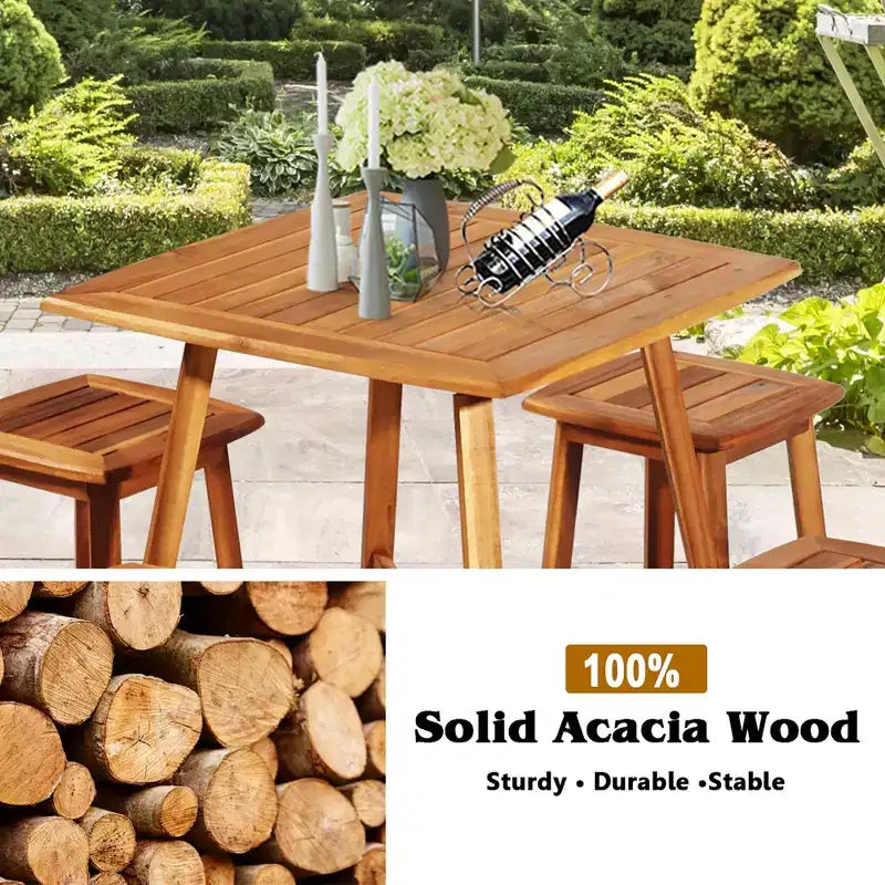 Juego de comedor para patio de 5 piezas de acacia Costway con mesa cuadrada y 4 taburetes, marrón rojizo