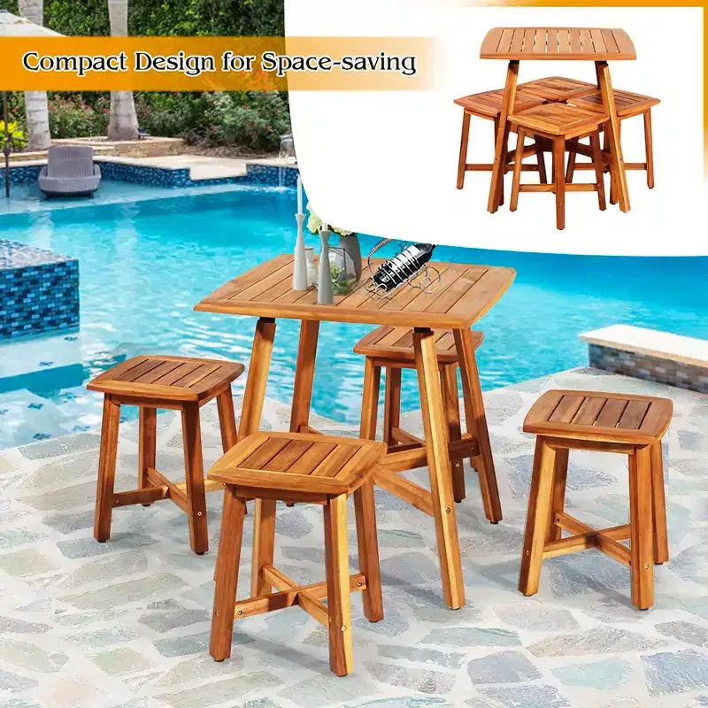 Juego de comedor para patio de 5 piezas de acacia Costway con mesa cuadrada y 4 taburetes, marrón rojizo