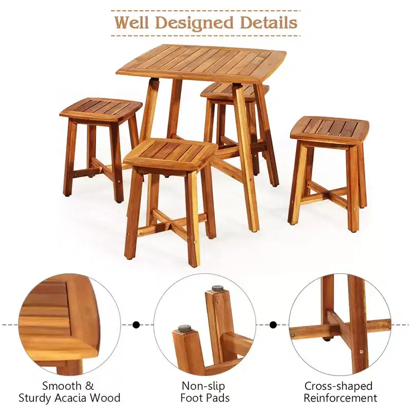 Juego de comedor para patio de 5 piezas de acacia Costway con mesa cuadrada y 4 taburetes, marrón rojizo
