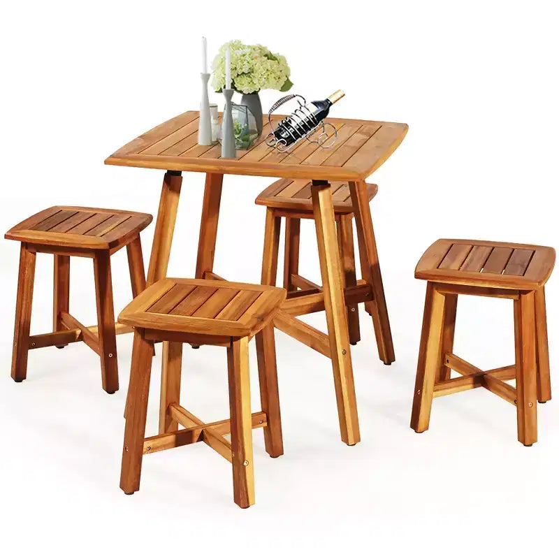 Juego de comedor para patio de 5 piezas de acacia Costway con mesa cuadrada y 4 taburetes, marrón rojizo