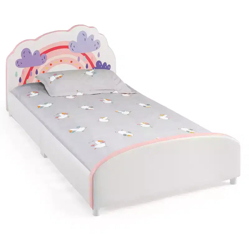Kids Upholstered Platform Bed, Children Twin Size Wooden Bed with Rainbow Pattern