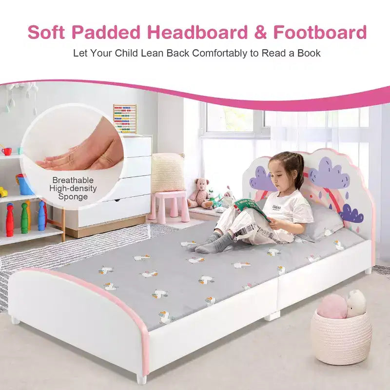 Kids Upholstered Platform Bed, Children Twin Size Wooden Bed with Rainbow Pattern