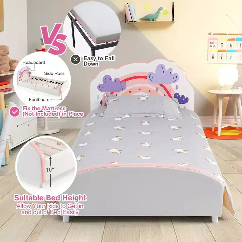 Kids Upholstered Platform Bed, Children Twin Size Wooden Bed with Rainbow Pattern