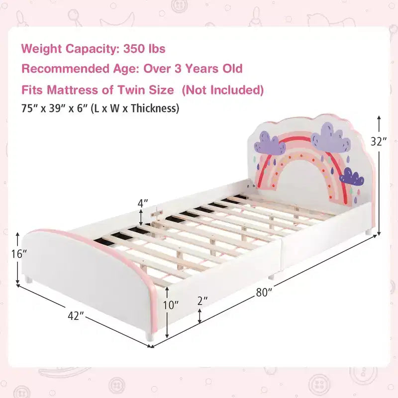 Kids Upholstered Platform Bed, Children Twin Size Wooden Bed with Rainbow Pattern