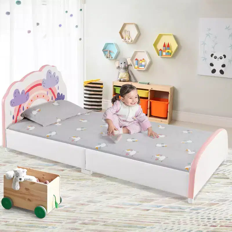 Kids Upholstered Platform Bed, Children Twin Size Wooden Bed with Rainbow Pattern